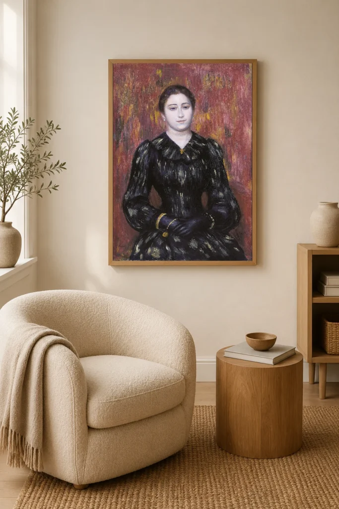 Framed print of Portrait of Mme. Paulin hanging on a wall in a furnished room