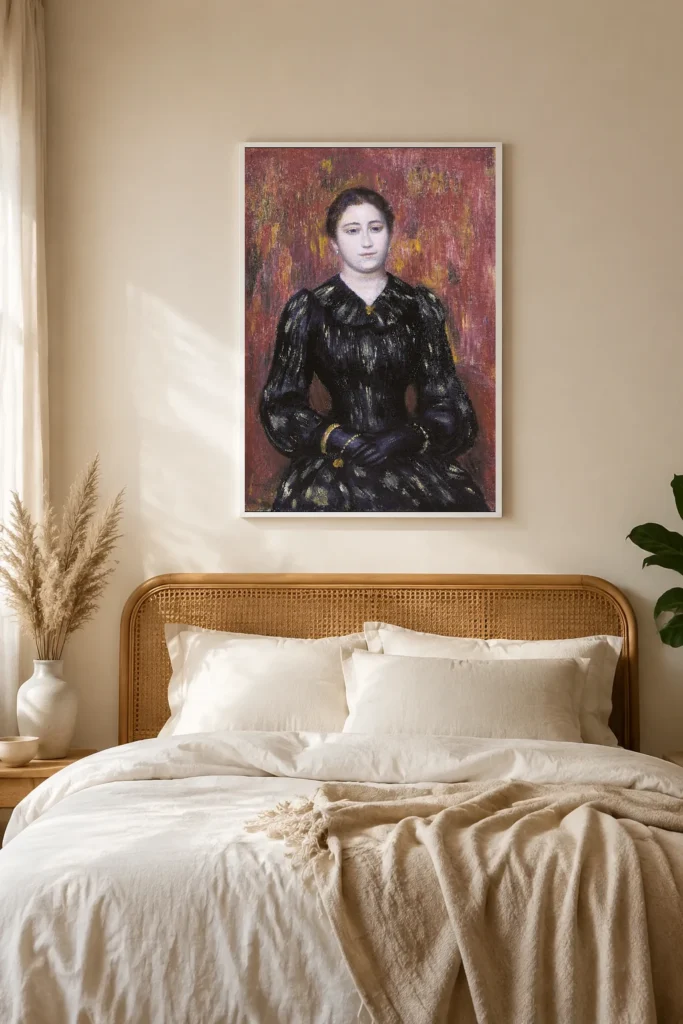 Framed print of Portrait of Mme. Paulin hanging on a wall in a furnished room