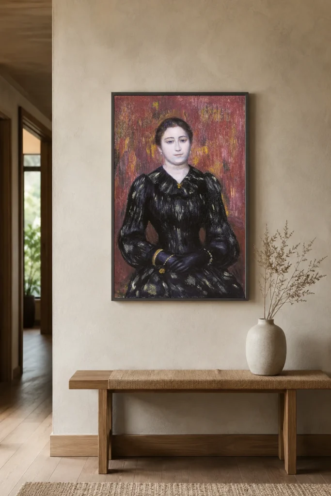 Framed print of Portrait of Mme. Paulin hanging on a wall in a furnished room
