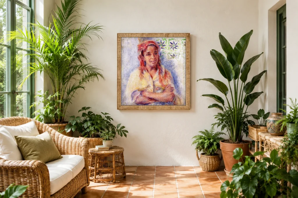 Framed print of Portrait of Old Arab Woman hanging on a wall in a furnished room