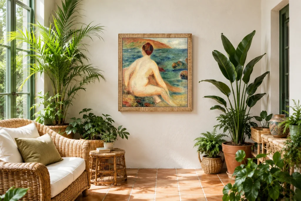 Framed print of Nude Bather Facing the Sea hanging on a wall in a furnished room