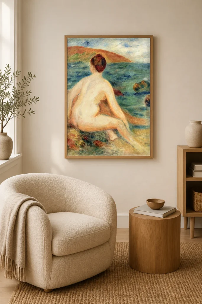 Framed print of Nude Bather Facing the Sea hanging on a wall in a furnished room