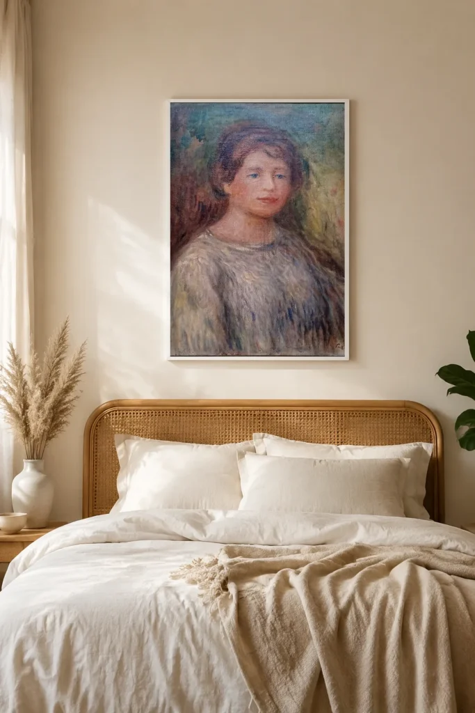 Framed print of Portrait of a Woman hanging on a wall in a furnished room