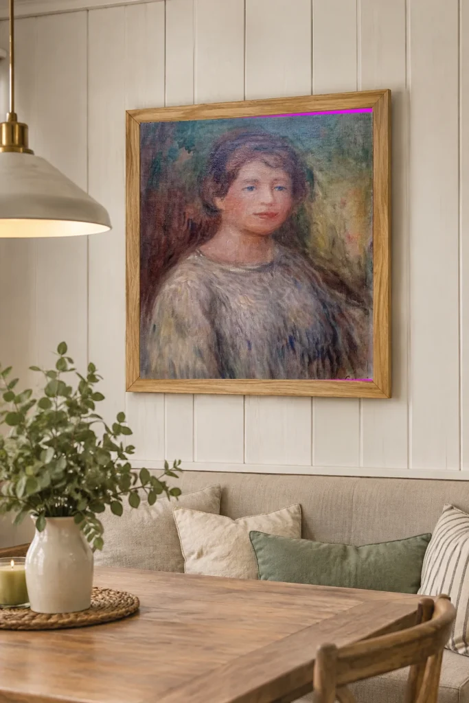 Framed print of Portrait of a Woman hanging on a wall in a furnished room
