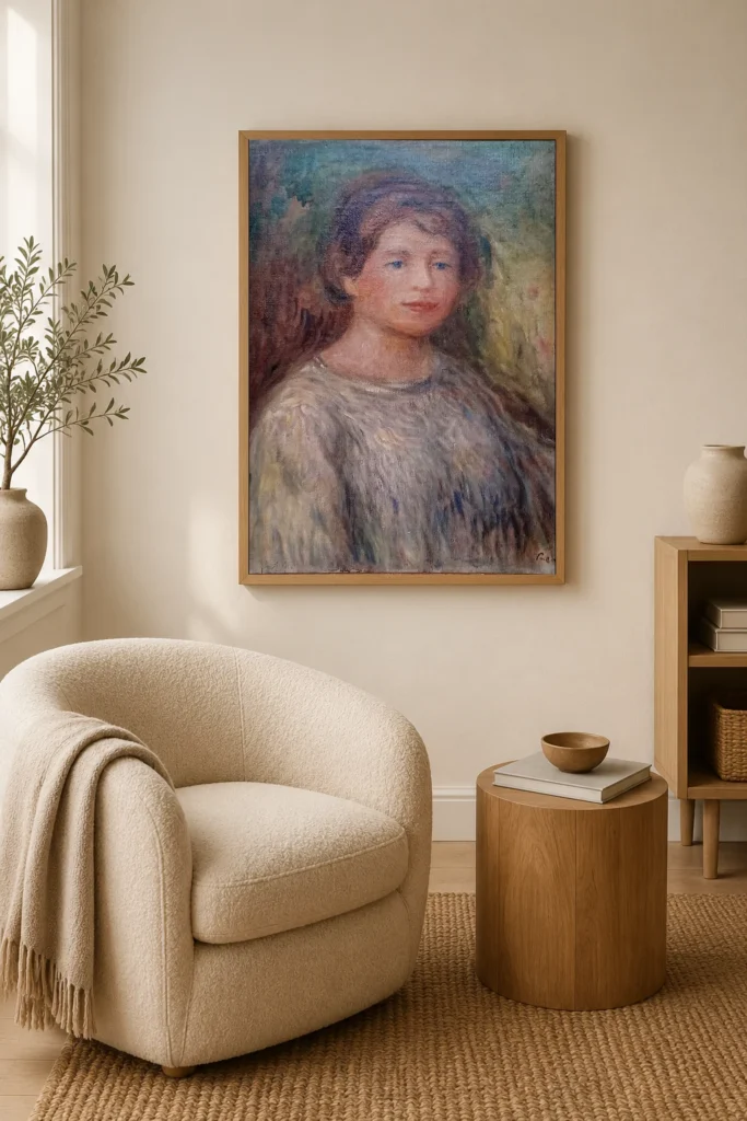 Framed print of Portrait of a Woman hanging on a wall in a furnished room