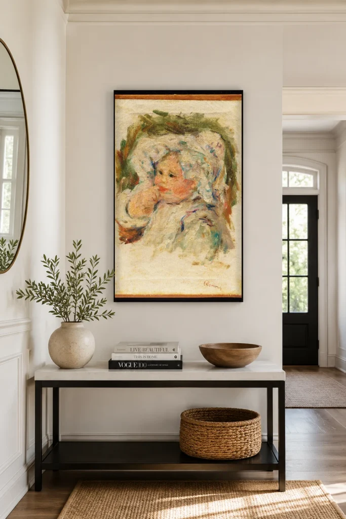 Framed print of Portrait of a Young Child hanging on a wall in a furnished room