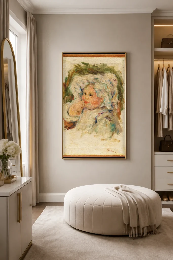 Framed print of Portrait of a Young Child hanging on a wall in a furnished room