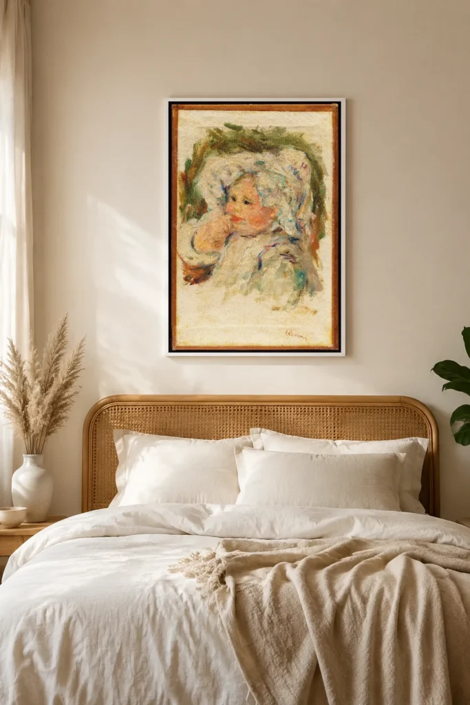 Framed print of Portrait of a Young Child hanging on a wall in a furnished room