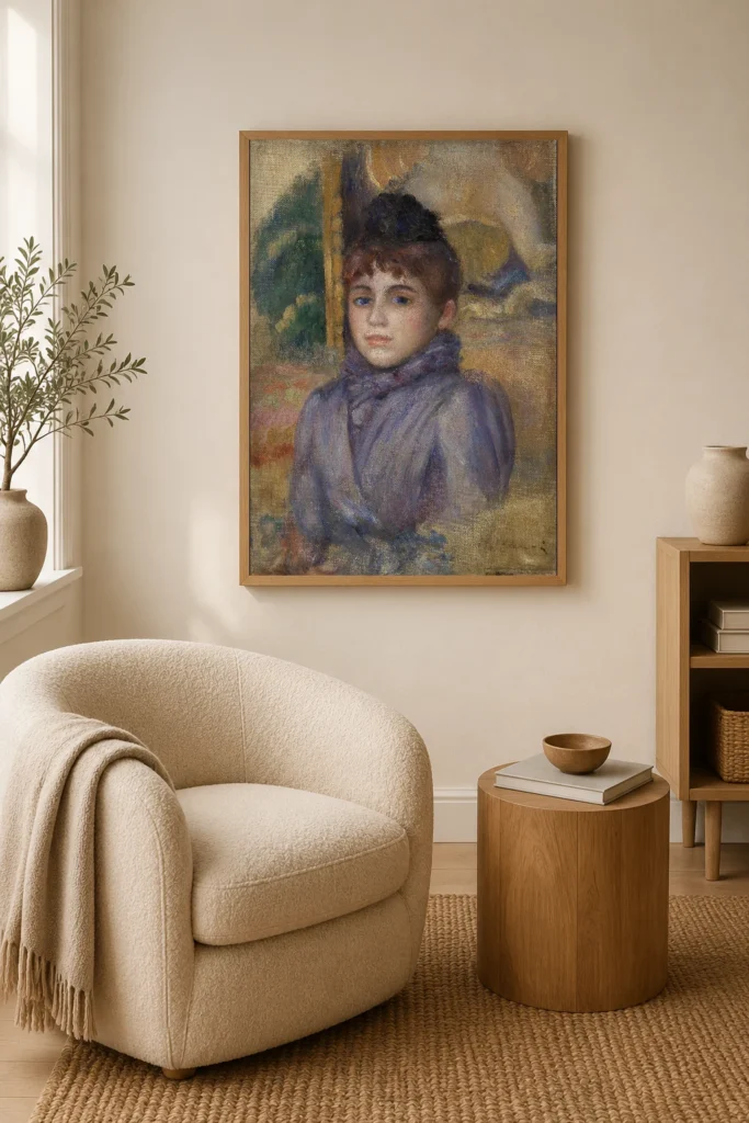 Framed print of Portrait of a Young Woman (Portrait de jeune femme) hanging on a wall in a furnished room