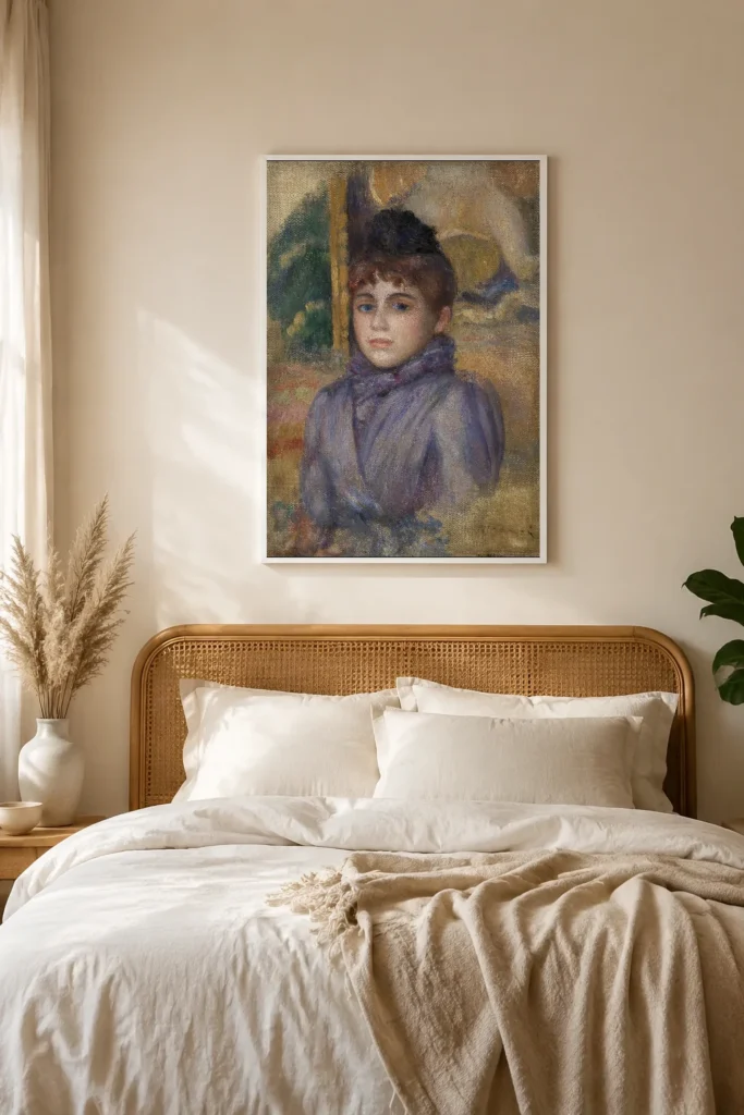 Framed print of Portrait of a Young Woman (Portrait de jeune femme) hanging on a wall in a furnished room