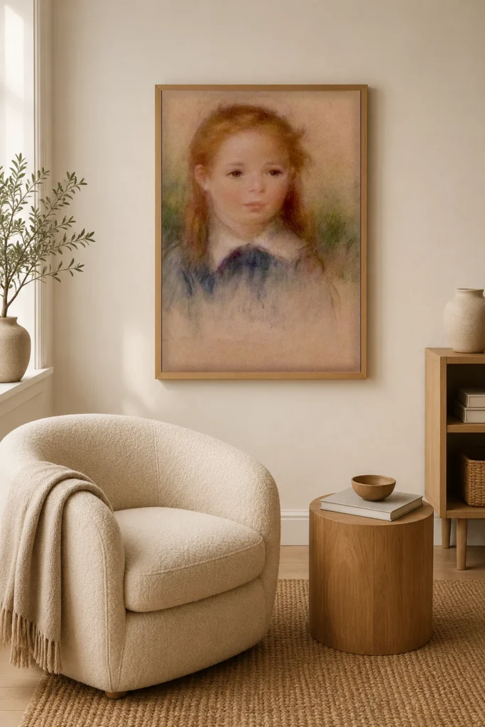Framed print of Portrait of a girl hanging on a wall in a furnished room