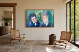 Framed print of Portrait of a young man and a girl hanging on a wall in a furnished room