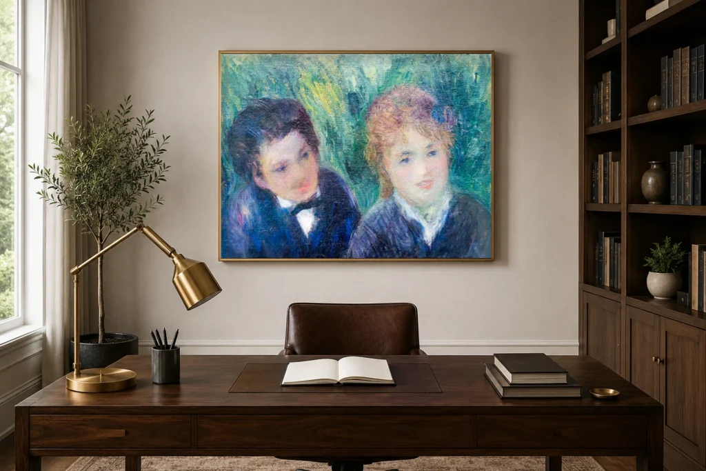 Framed print of Portrait of a young man and a girl hanging on a wall in a furnished room