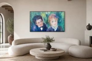 Framed print of Portrait of a young man and a girl hanging on a wall in a furnished room