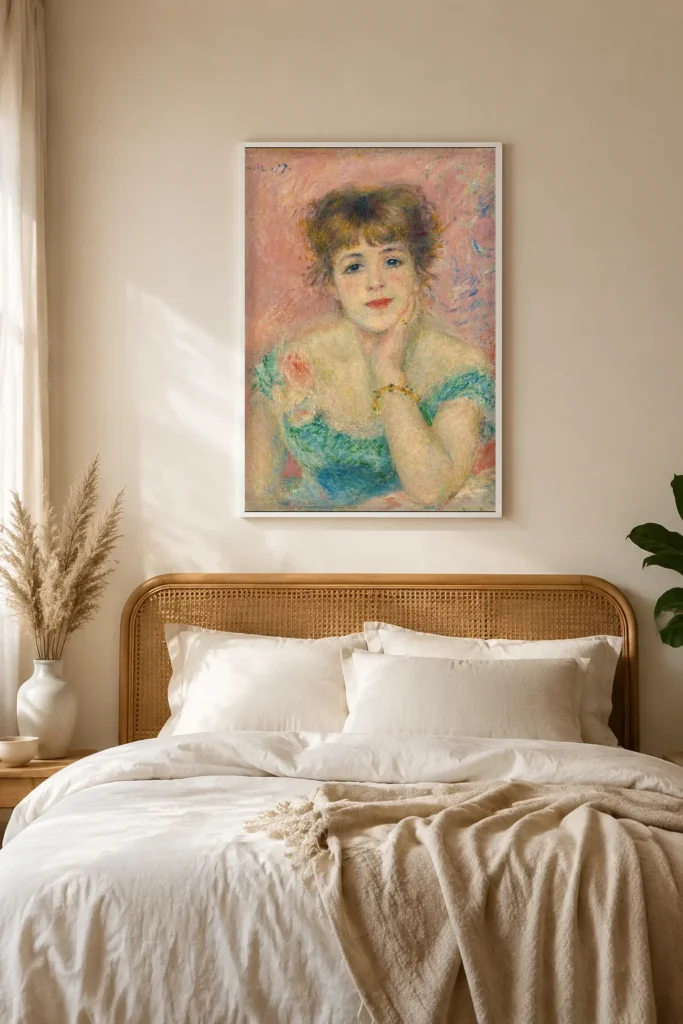 Framed print of Portrait of the actress Jeanne Samary hanging on a wall in a furnished room
