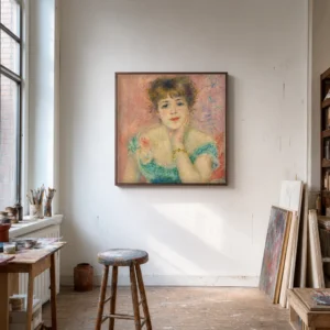 Framed print of Portrait of the actress Jeanne Samary hanging on a wall in a furnished room