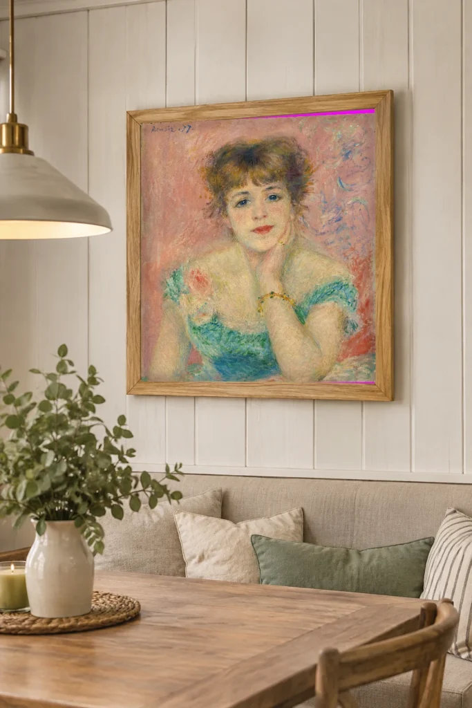 Framed print of Portrait of the actress Jeanne Samary hanging on a wall in a furnished room