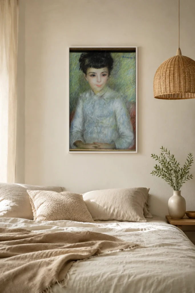 Framed print of Portrait of young brunette girl, sitting with hands crossed hanging on a wall in a furnished room
