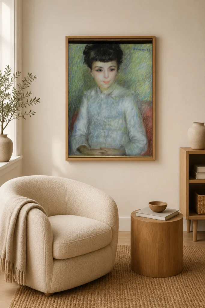 Framed print of Portrait of young brunette girl, sitting with hands crossed hanging on a wall in a furnished room