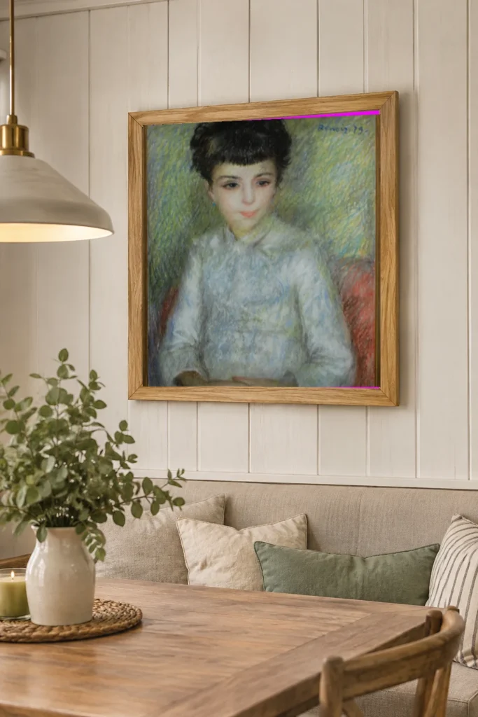 Framed print of Portrait of young brunette girl, sitting with hands crossed hanging on a wall in a furnished room