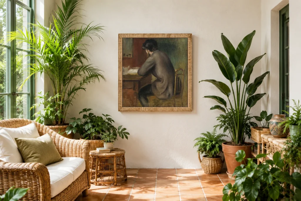 Framed print of Portrait posthume de Frédéric Bazille hanging on a wall in a furnished room