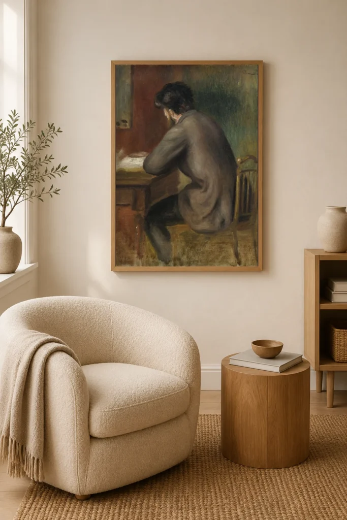 Framed print of Portrait posthume de Frédéric Bazille hanging on a wall in a furnished room