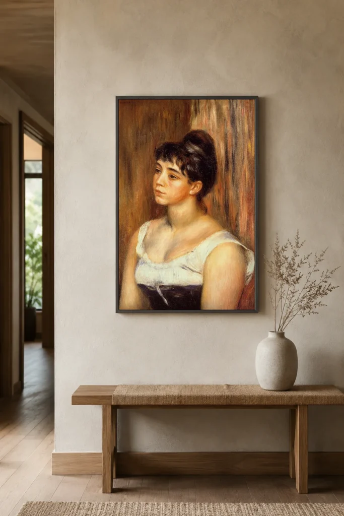 Framed print of Porträt der Suzanne Valadon hanging on a wall in a furnished room