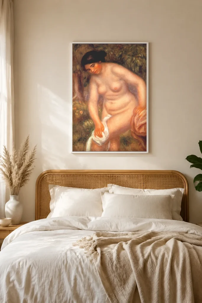 Framed print of Bather Drying Herself in Front of a Forest hanging on a wall in a furnished room