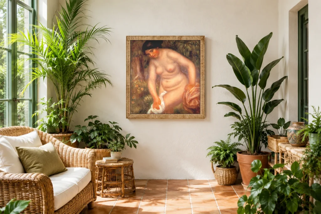 Framed print of Bather Drying Herself in Front of a Forest hanging on a wall in a furnished room