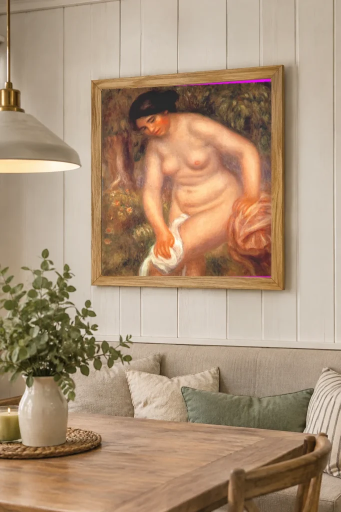 Framed print of Bather Drying Herself in Front of a Forest hanging on a wall in a furnished room