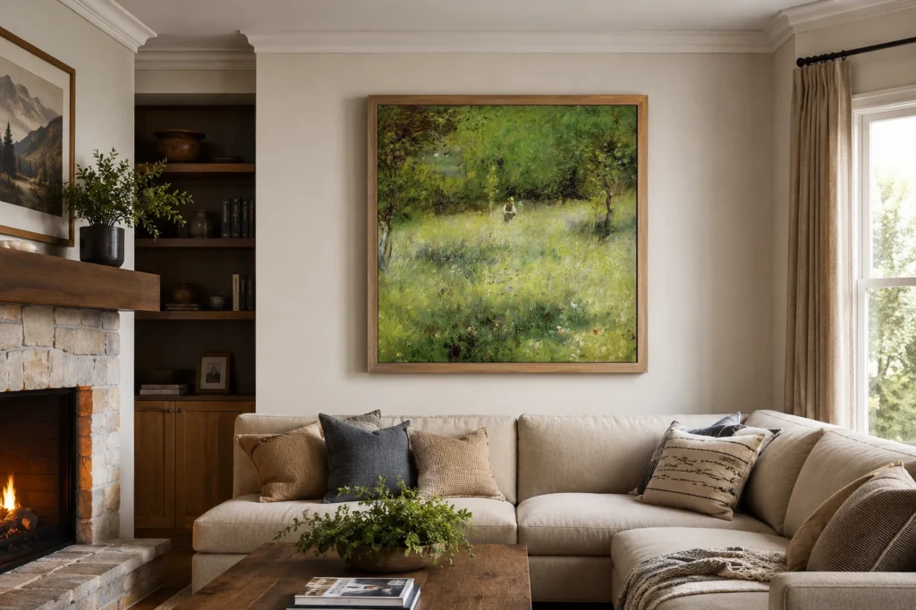 Framed print of Spring at Catou hanging on a wall in a furnished room