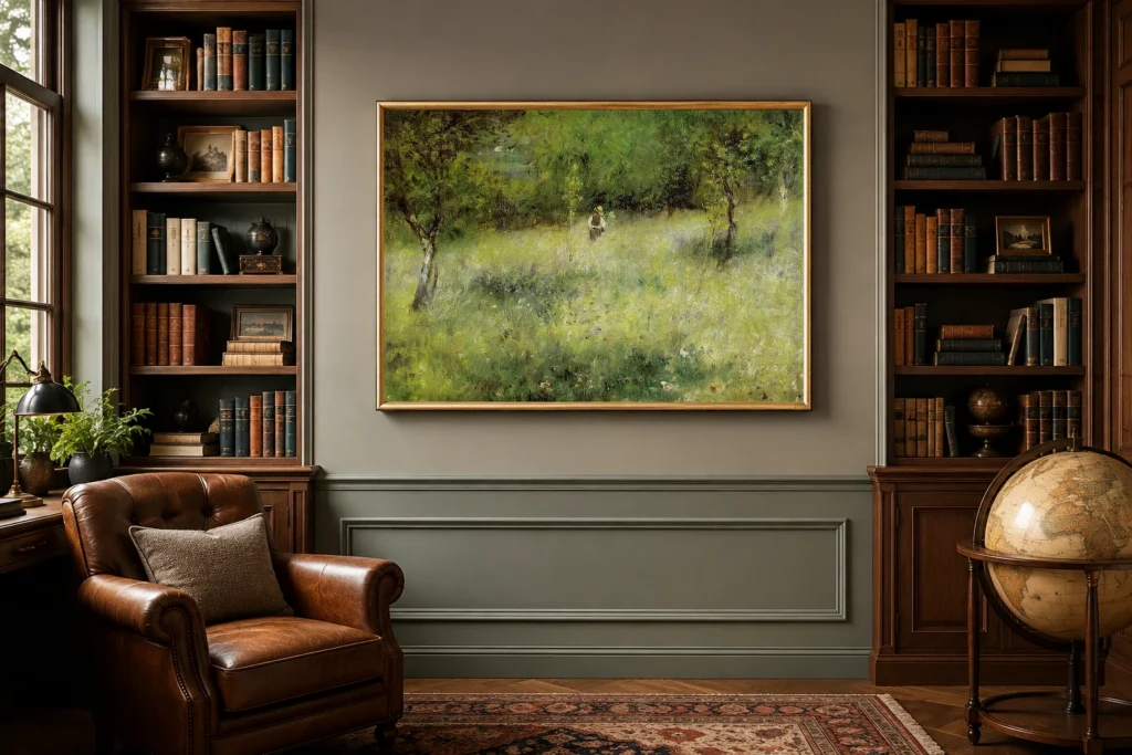 Framed print of Spring at Catou hanging on a wall in a furnished room