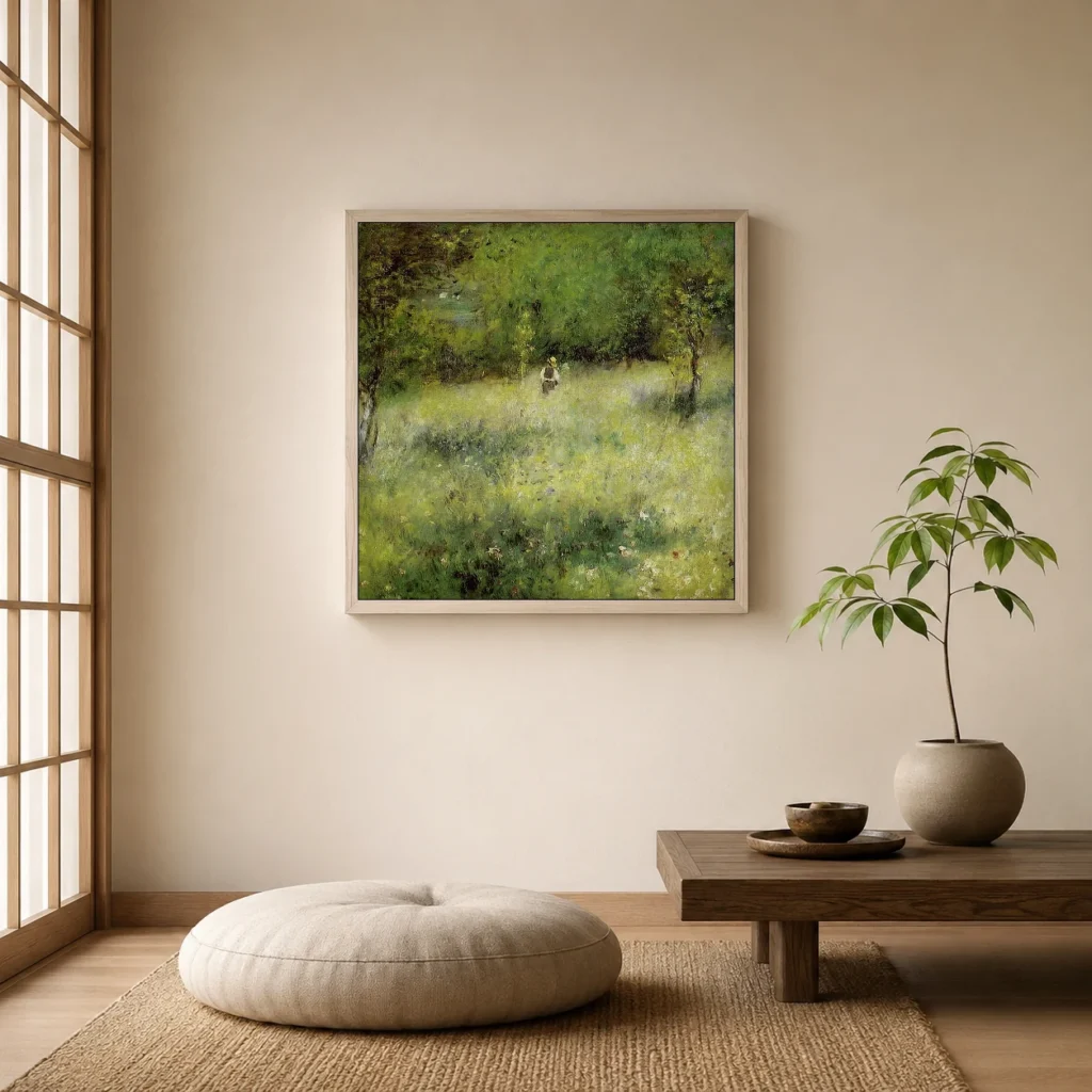 Framed print of Spring at Catou hanging on a wall in a furnished room