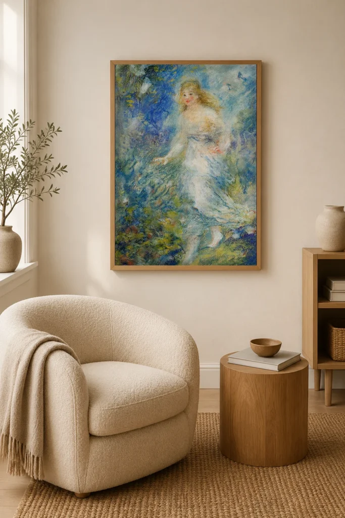 Framed print of Spring, the Four Seasons hanging on a wall in a furnished room