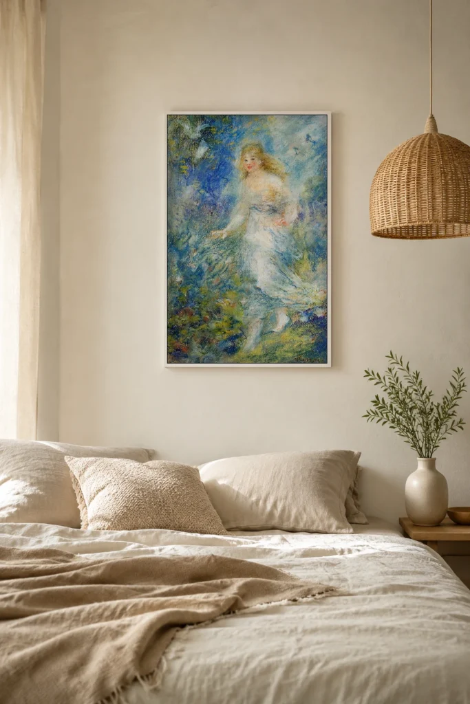 Framed print of Spring, the Four Seasons hanging on a wall in a furnished room