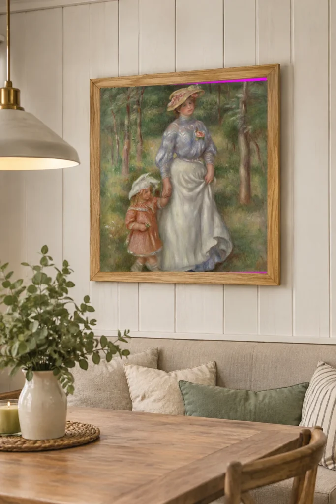 Framed print of Promenade hanging on a wall in a furnished room