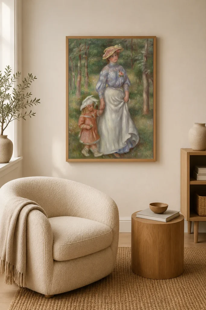Framed print of Promenade hanging on a wall in a furnished room