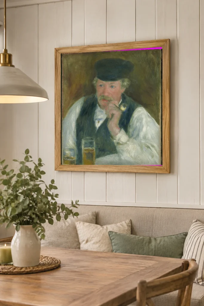 Framed print of Père Fournaise hanging on a wall in a furnished room