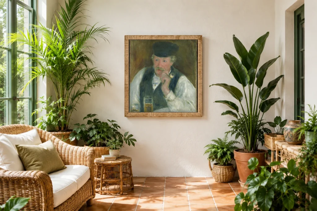 Framed print of Père Fournaise hanging on a wall in a furnished room