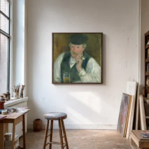 Framed print of Père Fournaise hanging on a wall in a furnished room