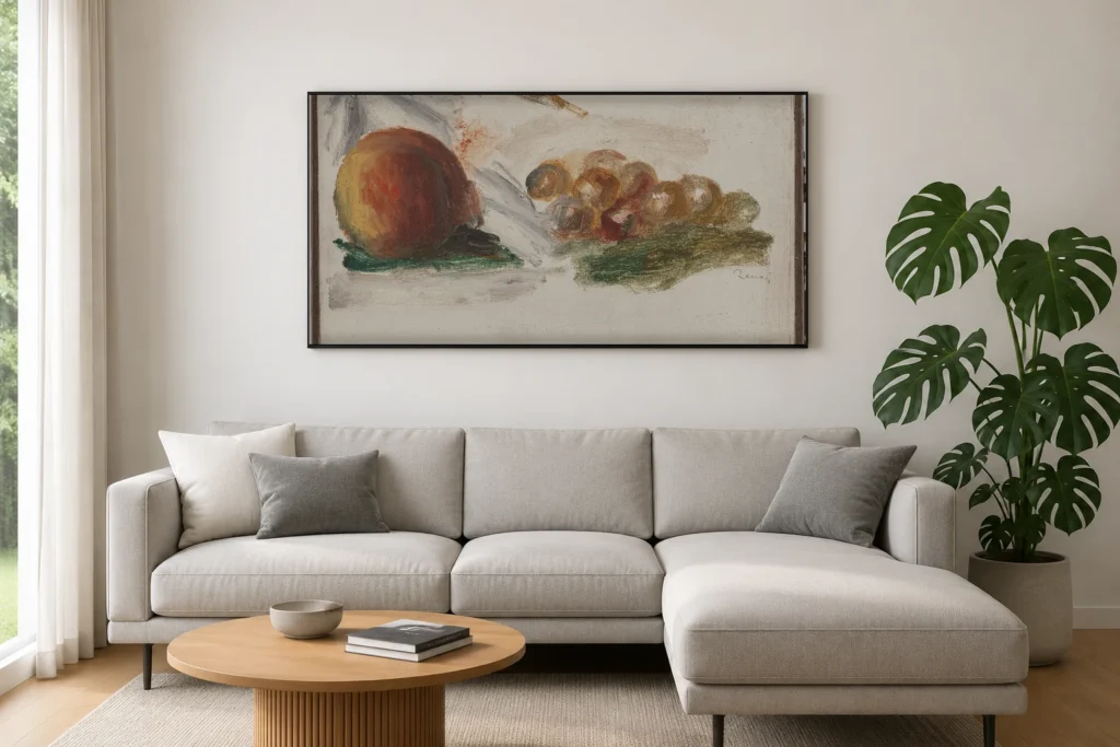 Framed print of Fish and Grapes hanging on a wall in a furnished room