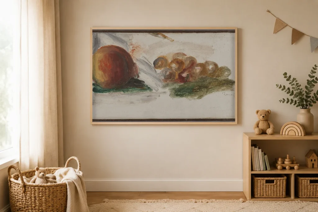 Framed print of Fish and Grapes hanging on a wall in a furnished room