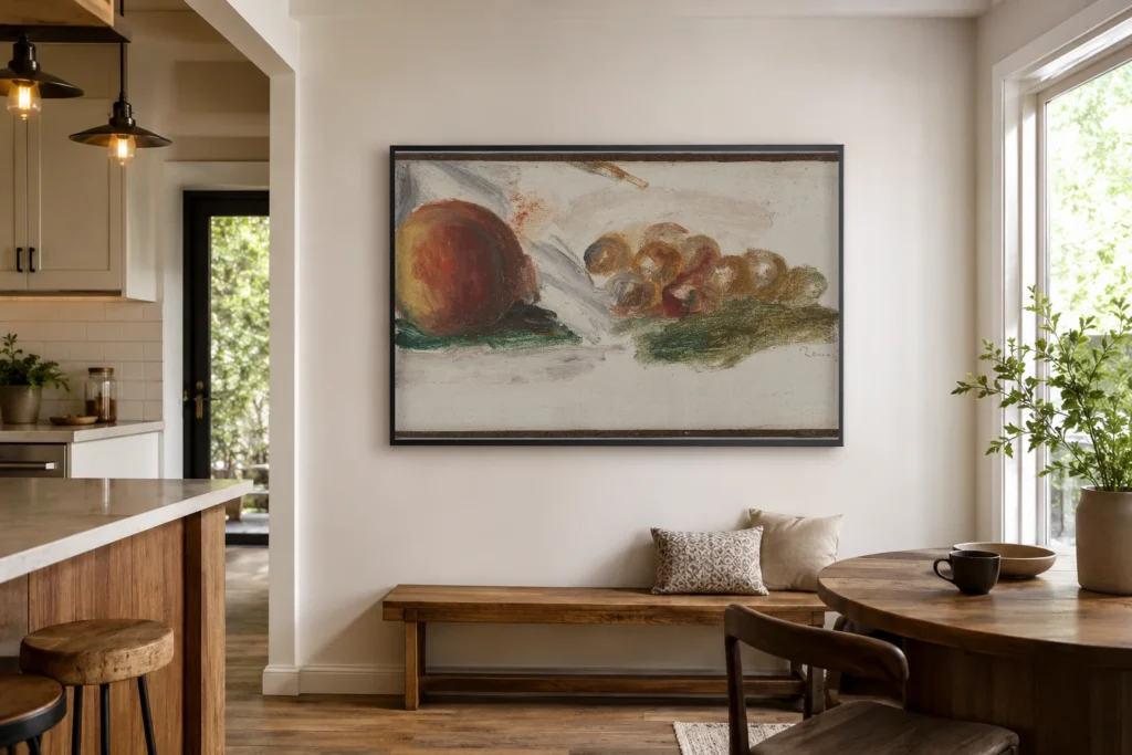 Framed print of Fish and Grapes hanging on a wall in a furnished room