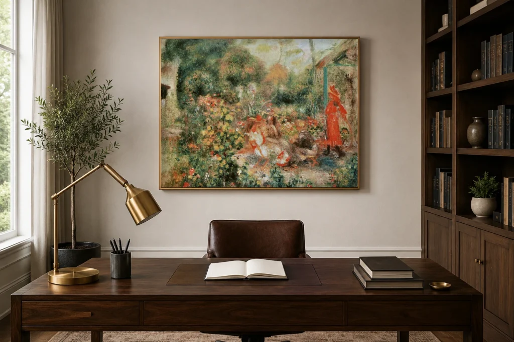Framed print of Four Young Girls in a Garden hanging on a wall in a furnished room