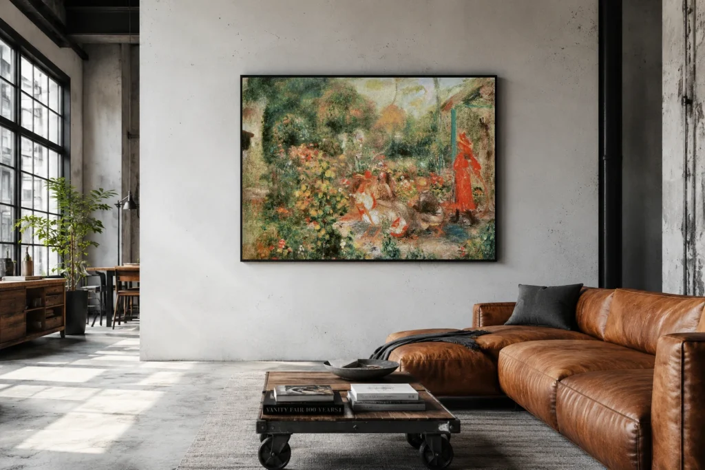 Framed print of Four Young Girls in a Garden hanging on a wall in a furnished room