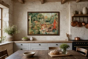Framed print of Four Young Girls in a Garden hanging on a wall in a furnished room