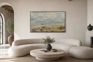 Framed print of Rocks with Shrimp Fishers hanging on a wall in a furnished room