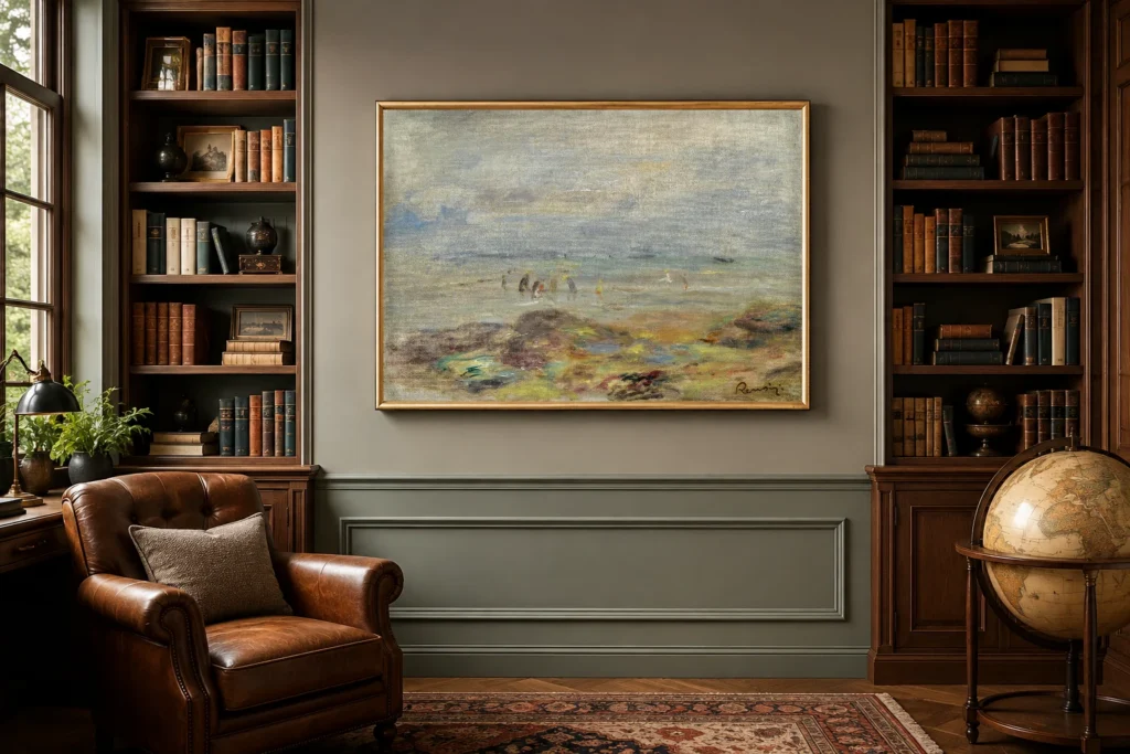 Framed print of Rocks with Shrimp Fishers hanging on a wall in a furnished room