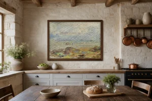 Framed print of Rocks with Shrimp Fishers hanging on a wall in a furnished room