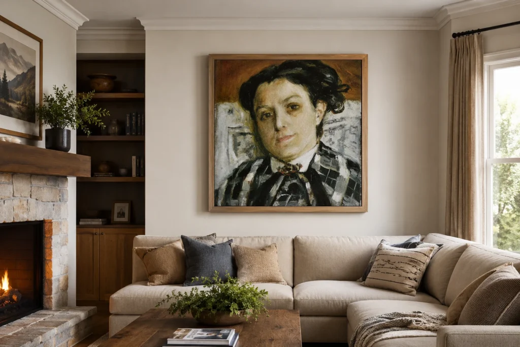 Framed print of Rapha Master hanging on a wall in a furnished room